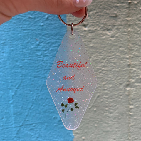 Beautiful and Annoyed Motel Style Key Tag Keychain in Transparent Glitter