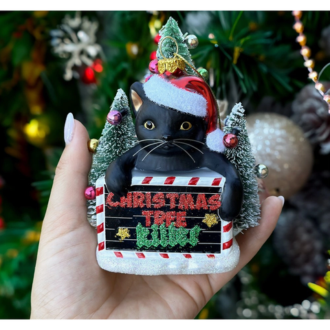 Christmas Tree Killer Funny Black Cat Glass Ornament