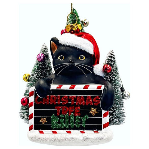 Christmas Tree Killer Funny Black Cat Glass Ornament