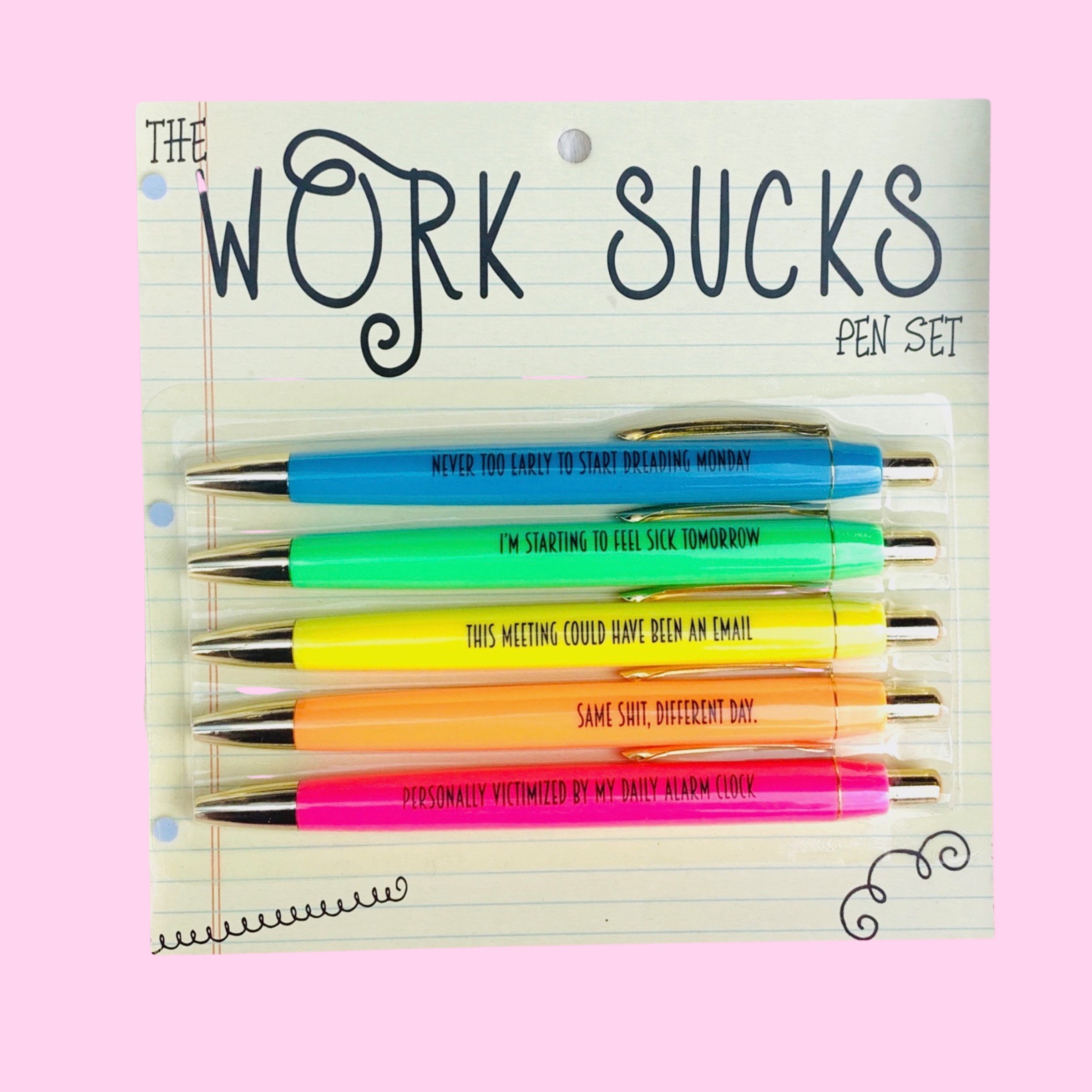 Work Sucks Ball Point Ink Pen Set. Funny Gifts. Office Stationery.